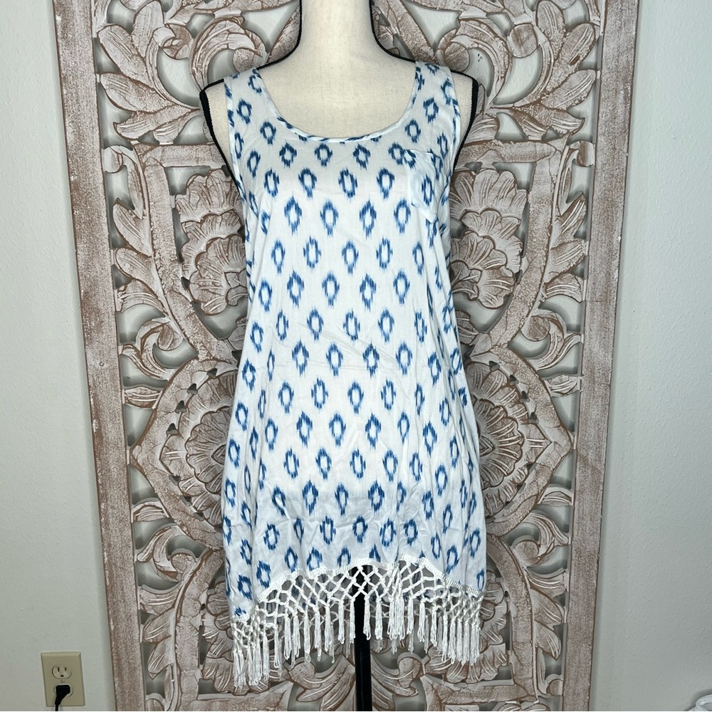 NWT Mud Pie Blue and White Sleeveless Macrame Fringe Coverup Dress Sz M